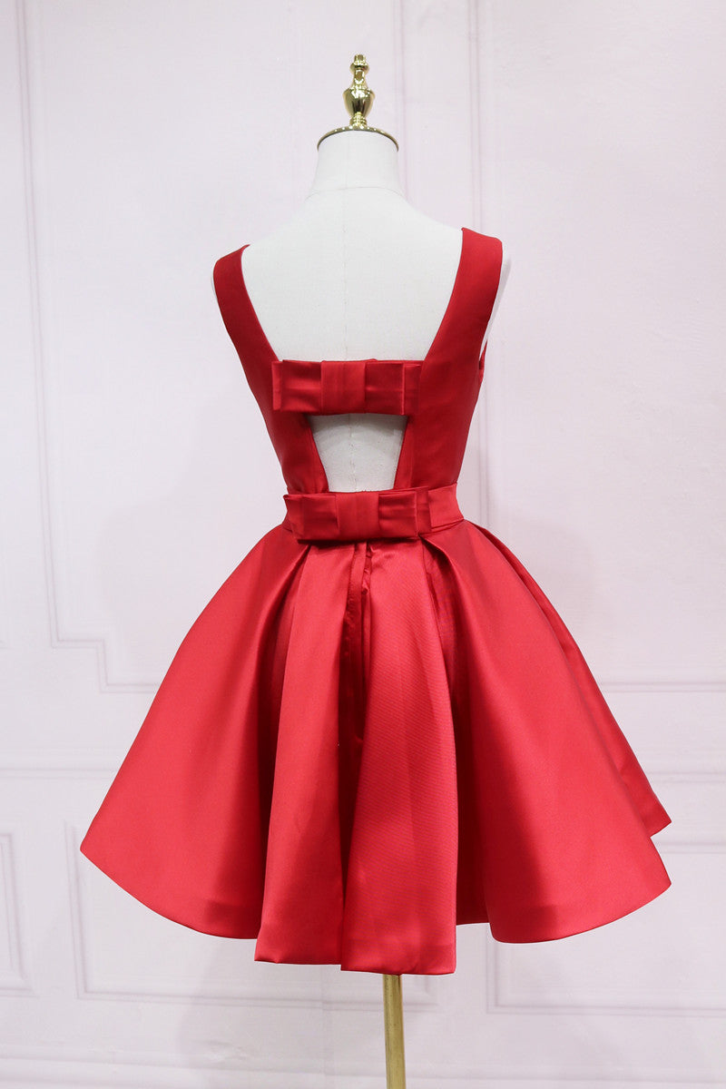 A-line Bateau Black Homecoming Dress With Bow Satin Short Prom Dresses EDS033|Selinadress