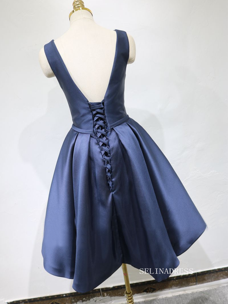 A-line Bateau Blue Short Homecoming Dress Satin Short Prom Dresses EDS037|Selinadress