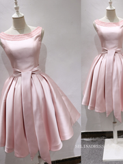 A-line Bateau Cute Homecoming Dress Beaded Pink Short Prom Dresses EDS031|Selinadress