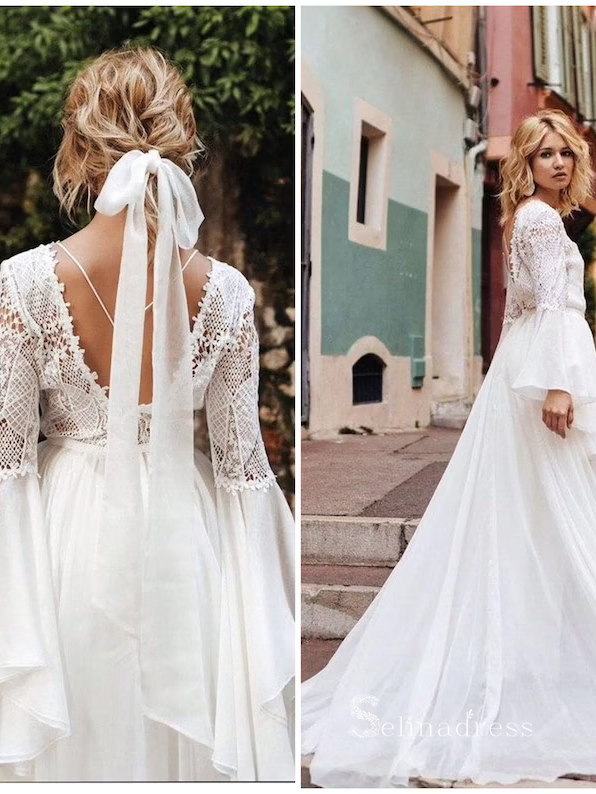 A-line Bateau Long Sleeve Rustic Wedding Dresses Lace Boho Lace Bridal Gowns MHL2802|Selinadress