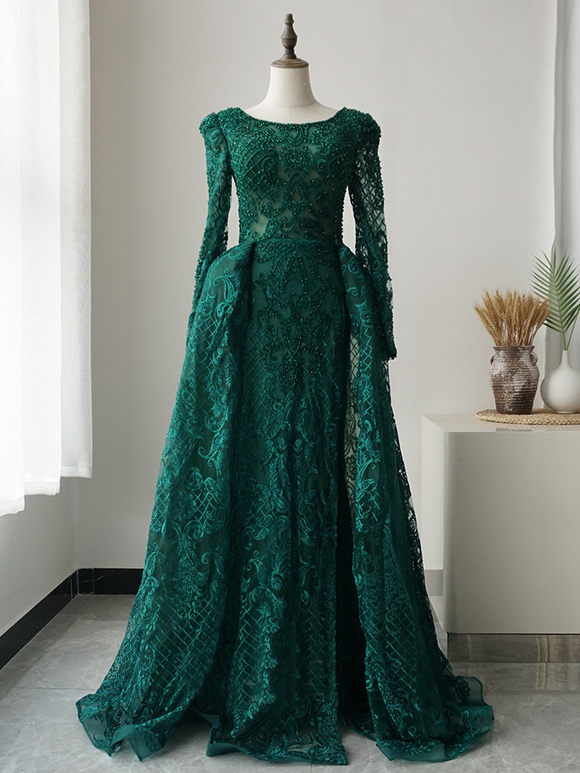 Burgundy A-line Luxury Lace Prom Dress Long Sleeve Beaded Evening Form –  SELINADRESS