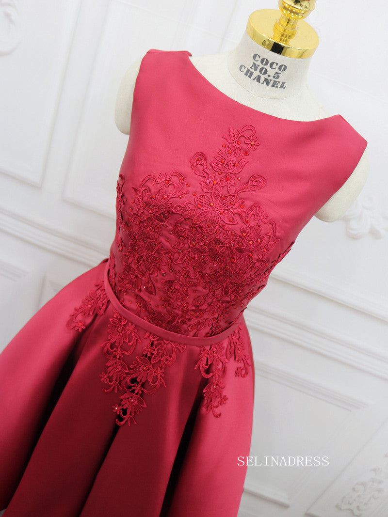 A-line Bateau Red Homecoming Dress With Applique Satin Short Prom Dresses EDS034|Selinadress