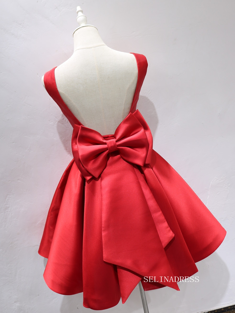 A-line Bateau Red Short Homecoming Dress Bowknot Satin Short Prom Dresses EDS038|Selinadress