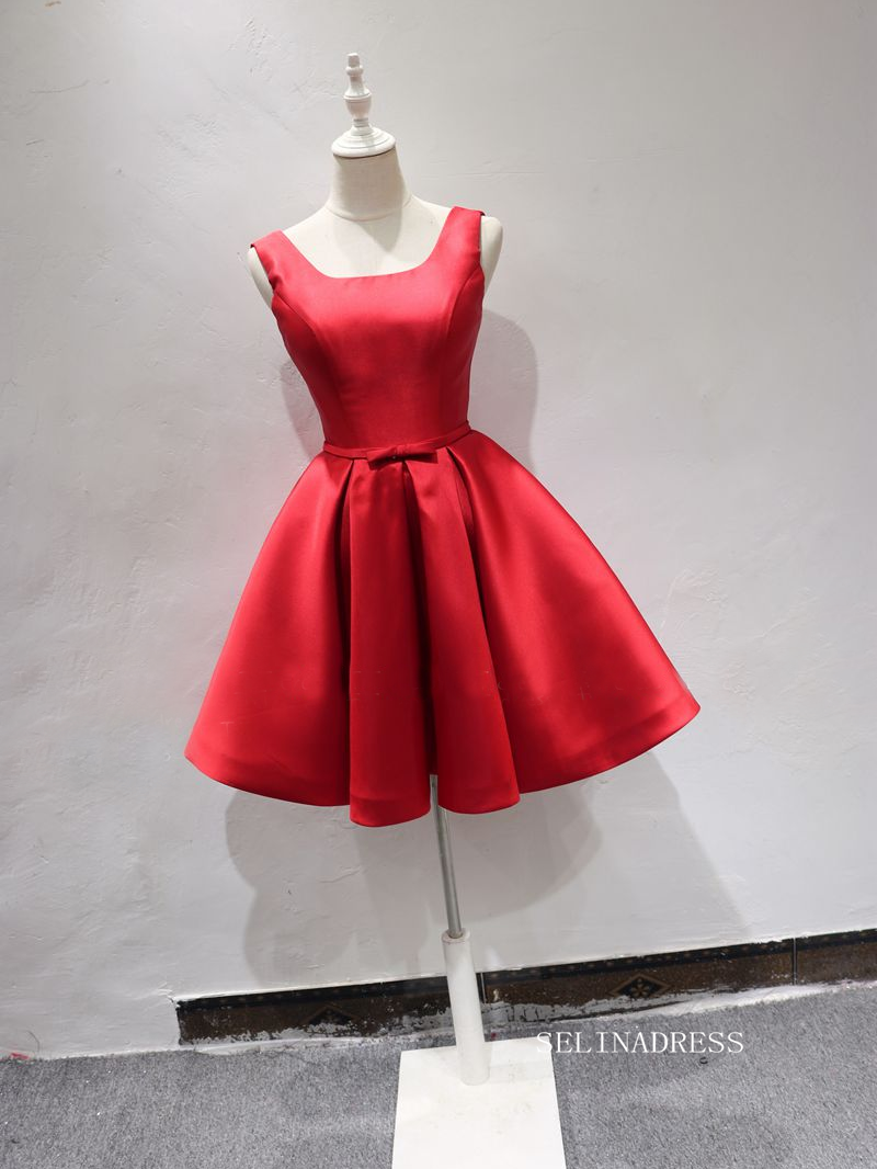 A-line Bateau Red Short Homecoming Dress Bowknot Satin Short Prom Dresses EDS038|Selinadress