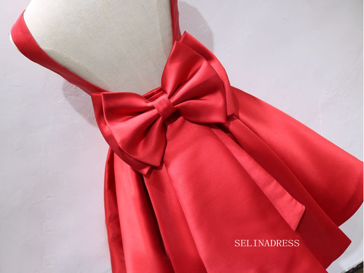 A-line Bateau Red Short Homecoming Dress Bowknot Satin Short Prom Dresses EDS038|Selinadress