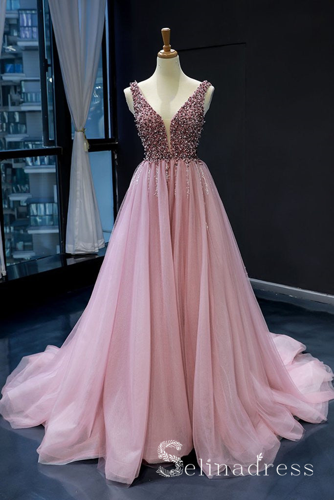 A-line Beaded Sparkly Princess Long Prom Dress Pink Formal Evening Gow –  SELINADRESS