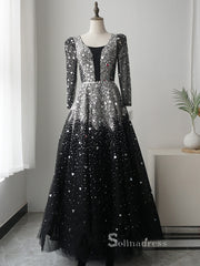 A-line Black Scoop Long Sleeve Rhinestone Sparkly Luxury Long Prom Dresses Evening Dresses ASB022|Selinadress