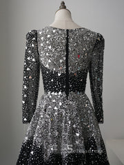 A-line Black Scoop Long Sleeve Rhinestone Sparkly Luxury Long Prom Dresses Evening Dresses ASB022|Selinadress