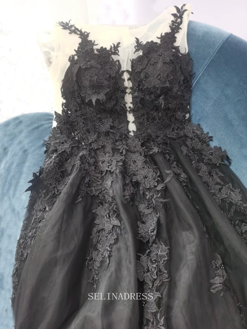 A-line Black Wedding Dress Lace Applique Wedding Dress Backless Side Slit Boho Dress Tulle Bridal Gown Black Wedding Gown GRSD004|SelinadressA-line Black Wedding Dress Lace Applique Wedding Dress Backless Side Slit Boho Dress Tulle Bridal Gown Black Wedding Gown GRSD004|Selinadress