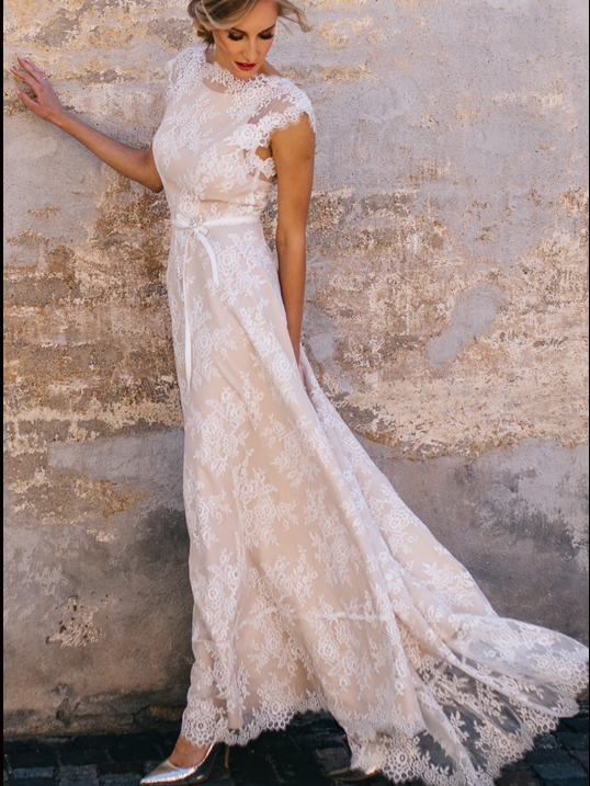 Bohemian Wedding Dress With Built-in Bra / Nude Color Lining Boho