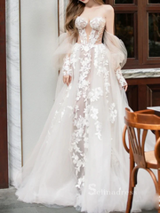 A-line Champagne Tulle Lace Long Prom Dress Wedding Dress Long Sleeve Wedding Gowns cbd495|Selinadress