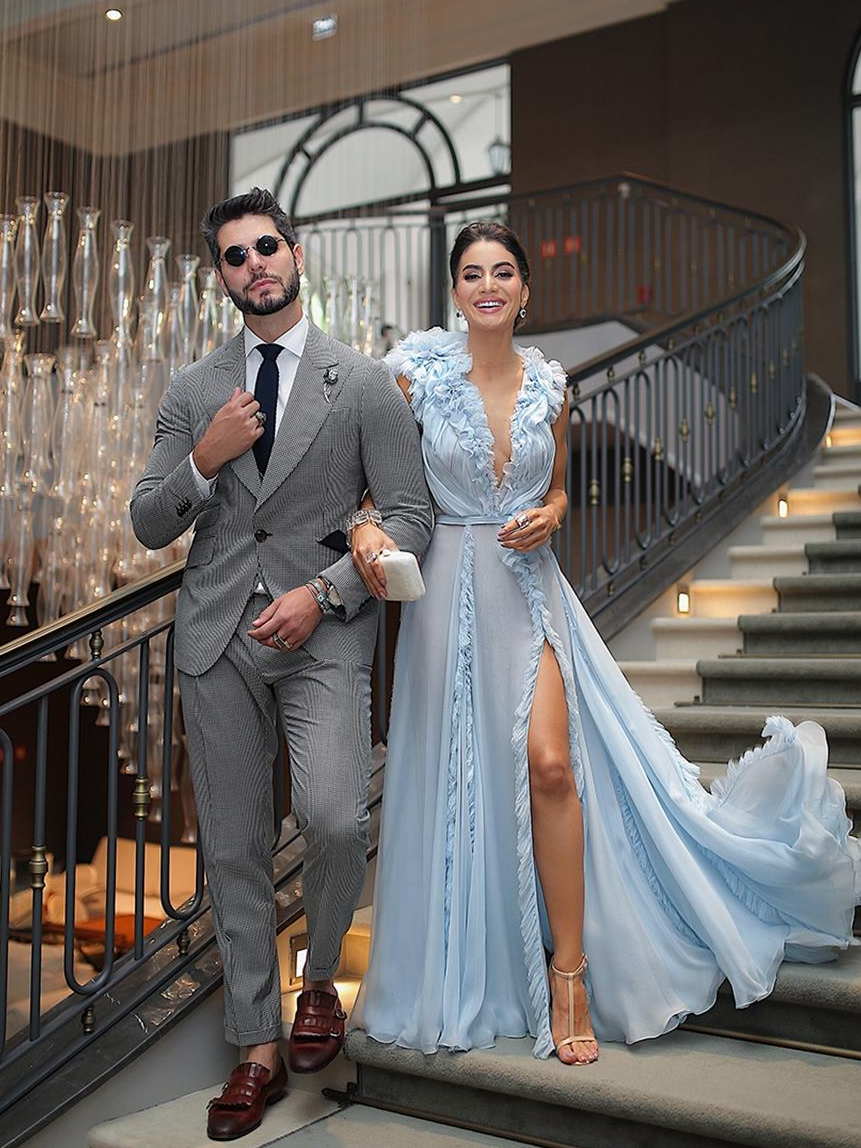 A-line Deep V neck Light Sky Blue Long Prom Dress Cheap Chiffon Evening Gowns #POL010