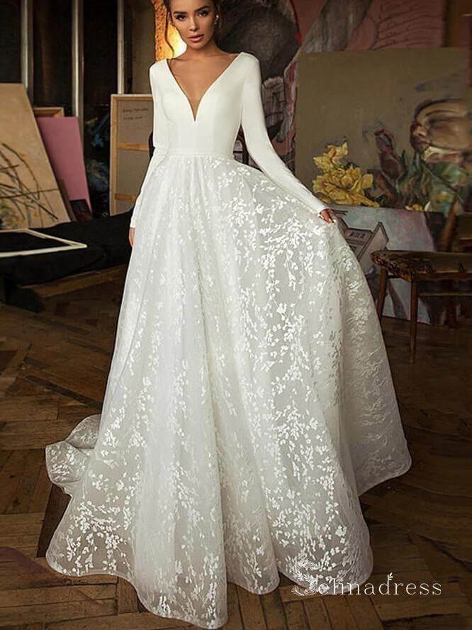 A-line Deep V Neck Long Sleeve Ivory Wedding Dresses Satin Bridal Gowns MHL160|Selinadress