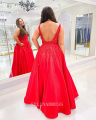 A-line Deep V neck Red Elegant Long Prom Dress Lace Party Dress Evening Dress #LOP007|Selinadress