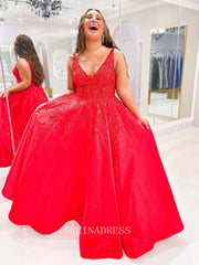 A-line Deep V neck Red Elegant Long Prom Dress Lace Party Dress Evening Dress #LOP007|Selinadress