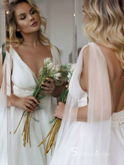 A-line Deep V neck Rustic Wedding Dresses Backless Bridal Gowns MHL2822|Selinadress