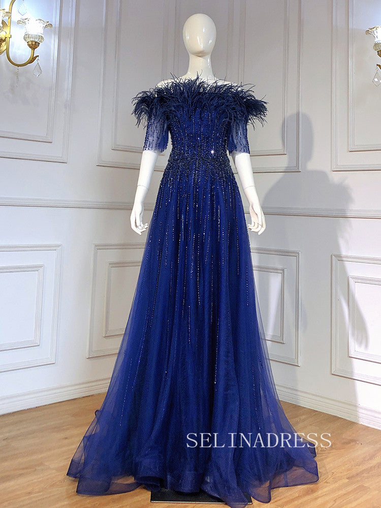 A-line Half Sleeve Roayl Blue Long Prom Dress Beaded Evening Formal Gown hlks015|Selinadress