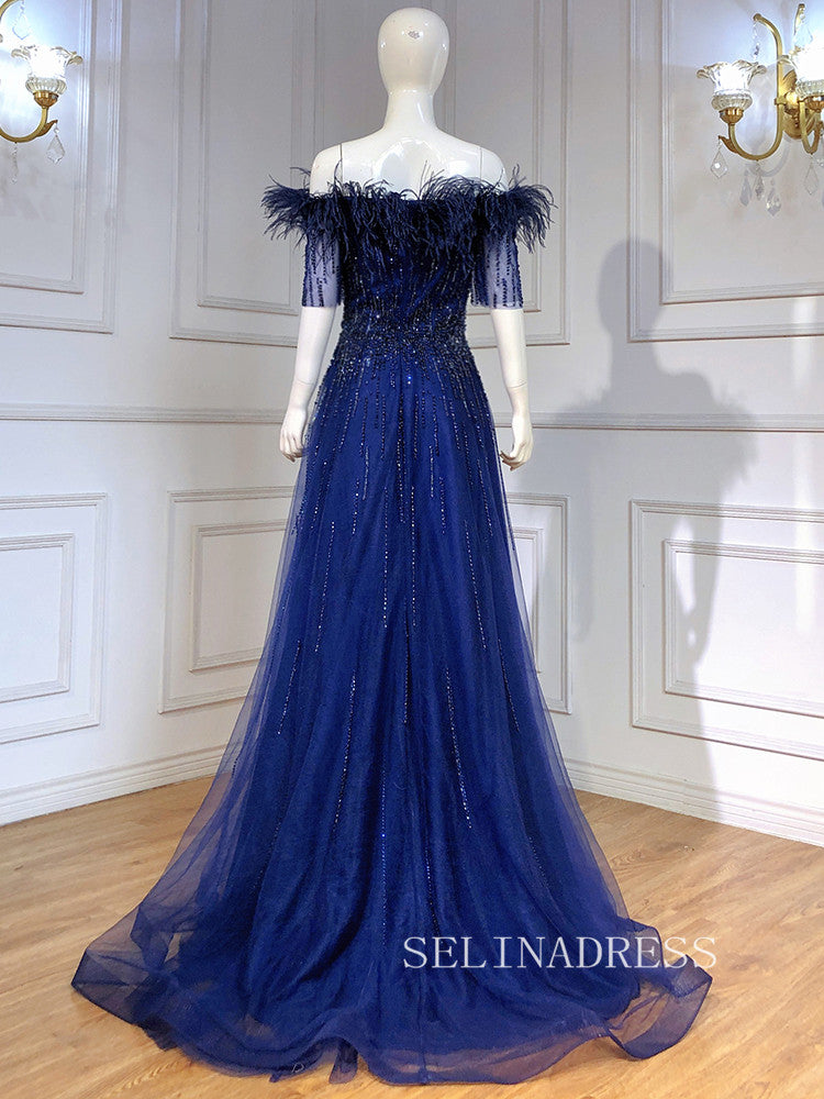 A-line Half Sleeve Roayl Blue Long Prom Dress Beaded Evening Formal Gown hlks015|Selinadress