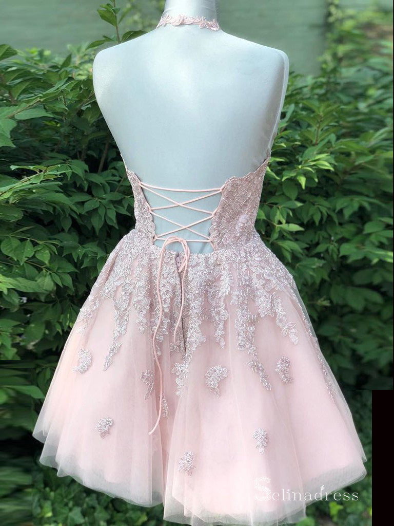 A-line Halter Pink Lace Short Prom Dress Homecoming Dresses #MLH041|Selinadress