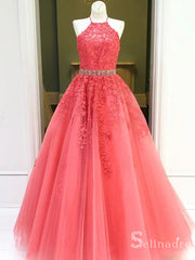 A-line Halter Watermelon Lace Applique Long Prom Dresses Formal Gowns SDL014