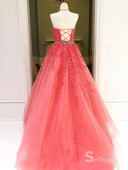 A-line Halter Watermelon Lace Applique Long Prom Dresses Formal Gowns SDL014