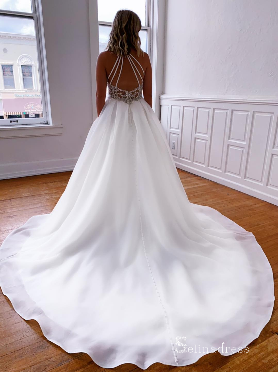 A-line High Neck Beaded White Wedding Dresses With Pocket Bridal Gowns CBD502|Selinadress