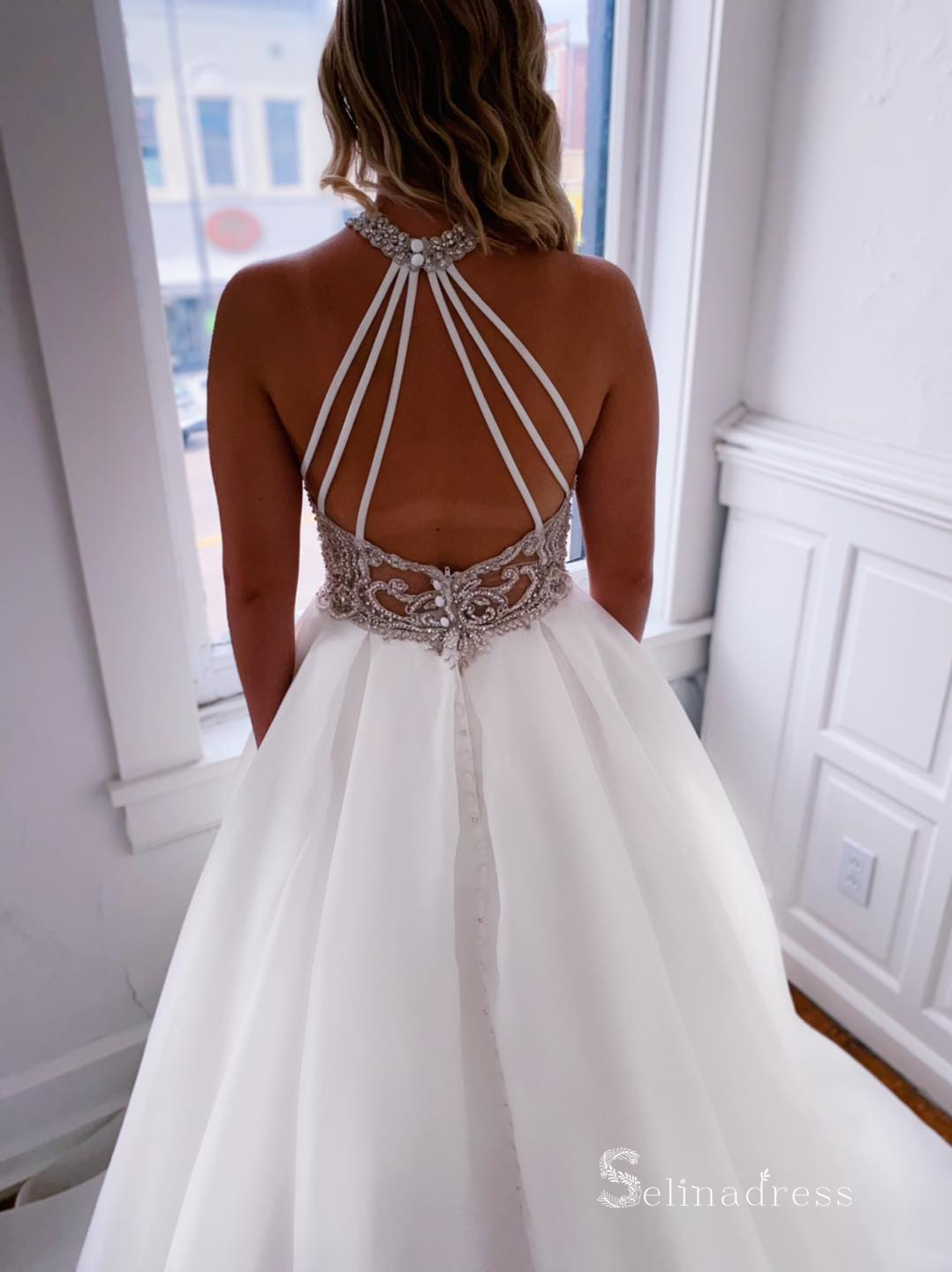 A-line High Neck Beaded White Wedding Dresses With Pocket Bridal Gowns CBD502|Selinadress