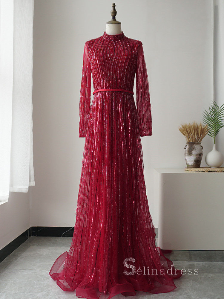 A-line High Neck Long Sleeve Beaded Long Prom Dress luxurious Burgundy Evening Gowns ASB005|Selinadress