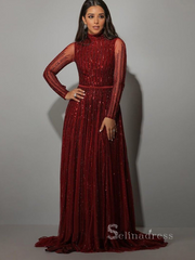 A-line High Neck Long Sleeve Beaded Long Prom Dress luxurious Burgundy Evening Gowns ASB005|Selinadress