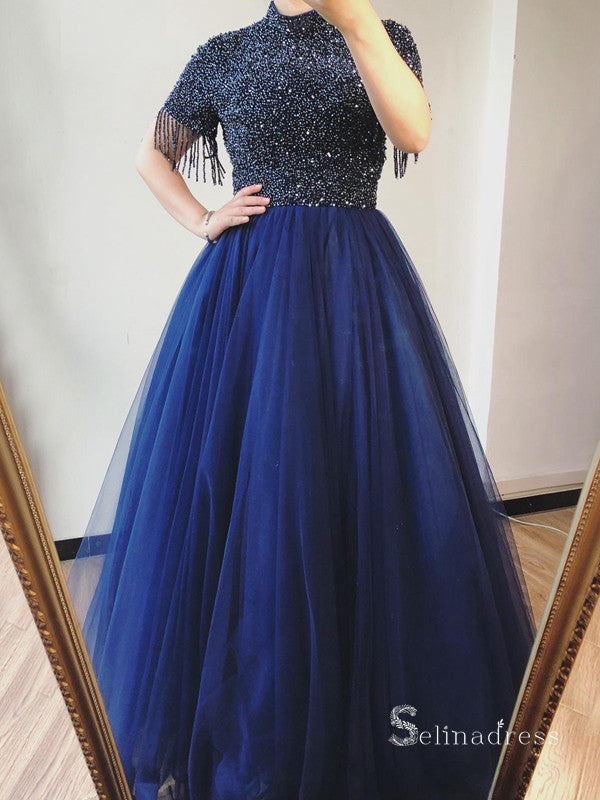 A-line High Neck Royal Blue Glitter Long Prom Dress Beaded Evening Formal Gown SC029