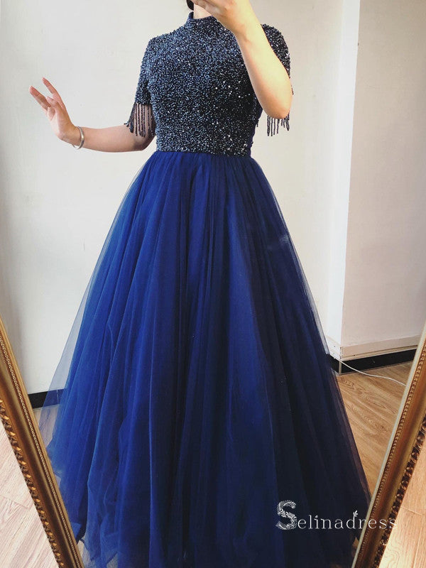 A-line High Neck Royal Blue Glitter Long Prom Dress Beaded Evening Formal Gown SC029