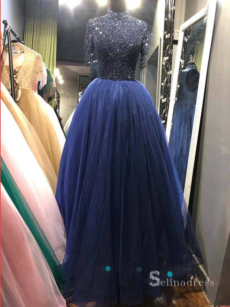 A-line High Neck Royal Blue Glitter Long Prom Dress Beaded Evening Formal Gown SC029