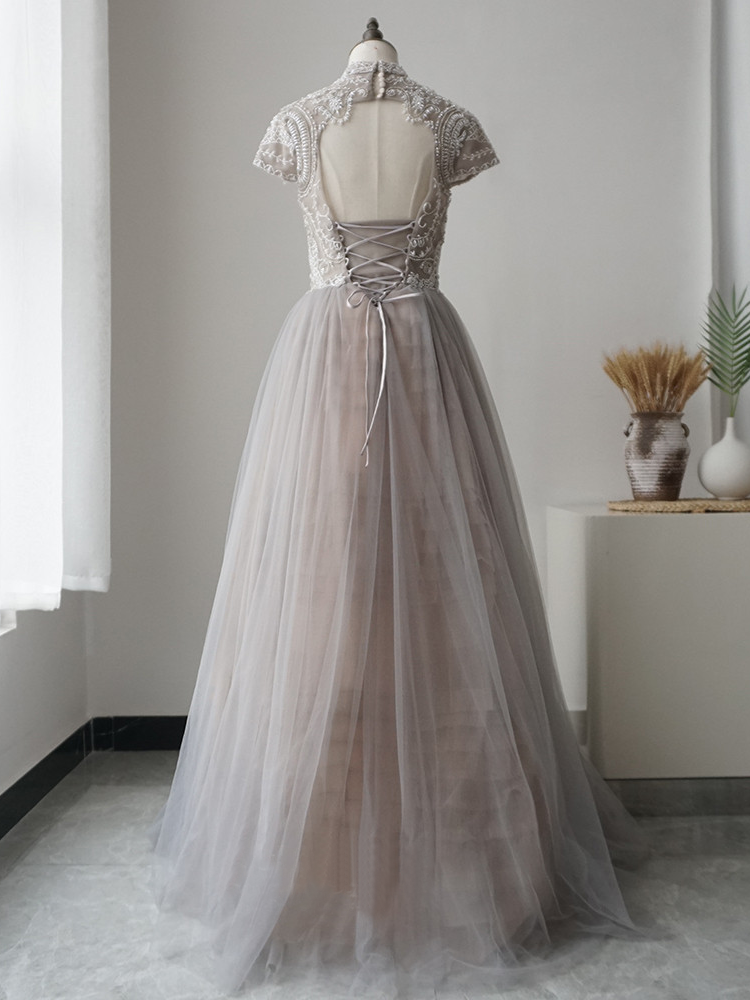 A-line High Neck Short Sleeve Elegant Prom Dress Gray Luxury Long Evening Gowns ASB012|Selinadress