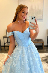 A-line Light Sky Blue Long Prom Dresses Off-the-shoulder Cheap Evening Dresses TKL0010|Selinadress