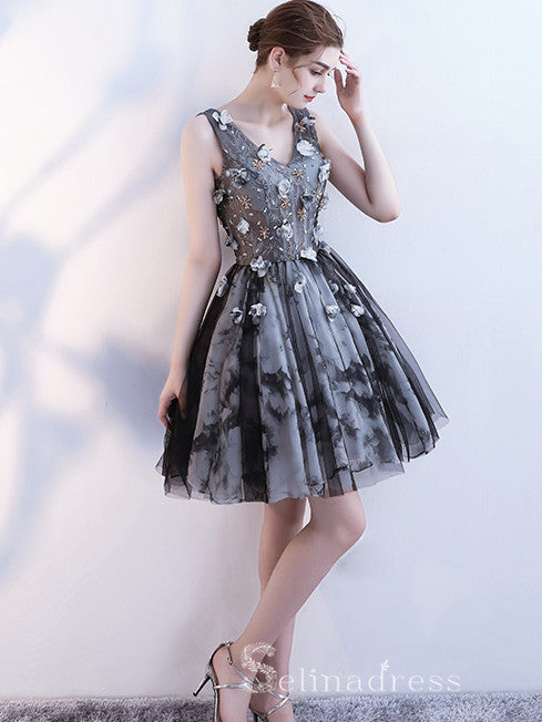 A-line Little Black V neck Charming Short Ptom Dress Homecoming Dresses MHL037