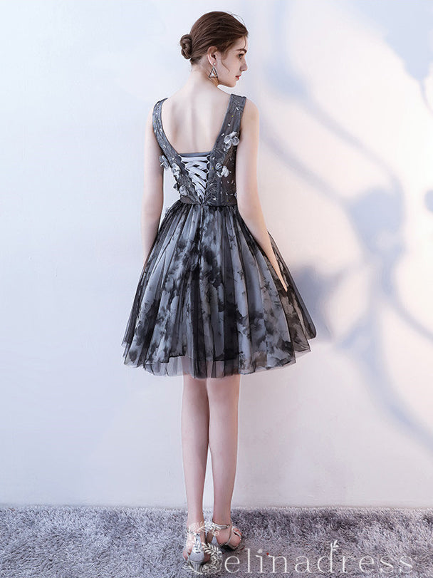 A-line Little Black V neck Charming Short Ptom Dress Homecoming Dresses MHL037