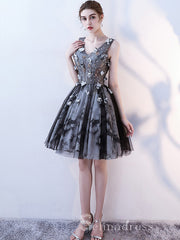 A-line Little Black V neck Charming Short Ptom Dress Homecoming Dresses MHL037