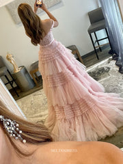 A-line Off Shoulder Pink Long Prom Dress Lace Layered Long Formal Dresses KPY068|Selinadress