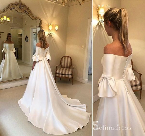 A-line Off-the-shoulder 3/4 Sleeve Bow Satin Wedding Dress Cheap Bridal Gowns # SDL009