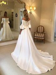 A-line Off-the-shoulder 3/4 Sleeve Bow Satin Wedding Dress Cheap Bridal Gowns # SDL009