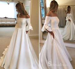 A-line Off-the-shoulder 3/4 Sleeve Bow Satin Wedding Dress Cheap Bridal Gowns # SDL009