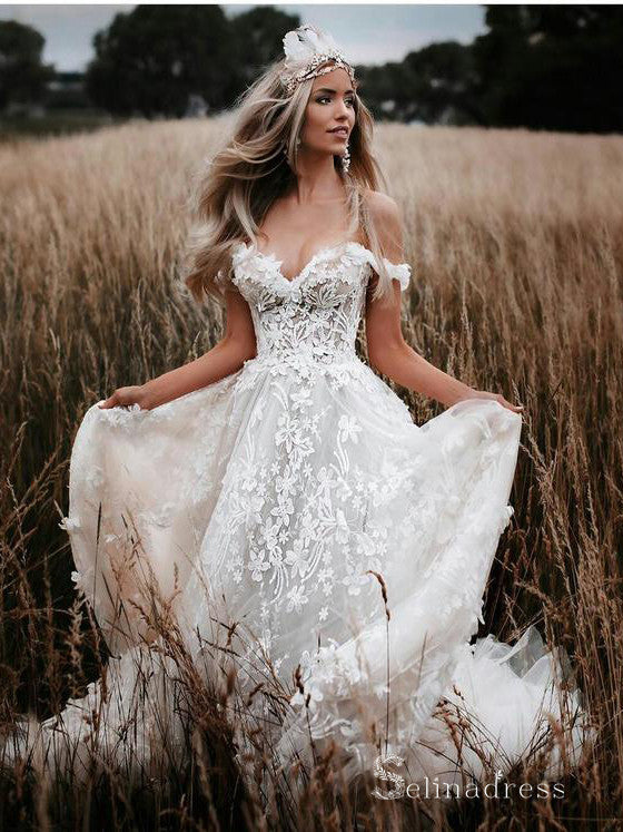 A-line Off-the-shoulder 3D Lace Wedding Dresses Rustic Wedding Gowns MHL138|Selinadress