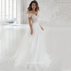 A Line Off The Shoulder Appliqued Bride Dresses Elegant Lace Wedding Bridal Gowns GRDK003|Selinadress