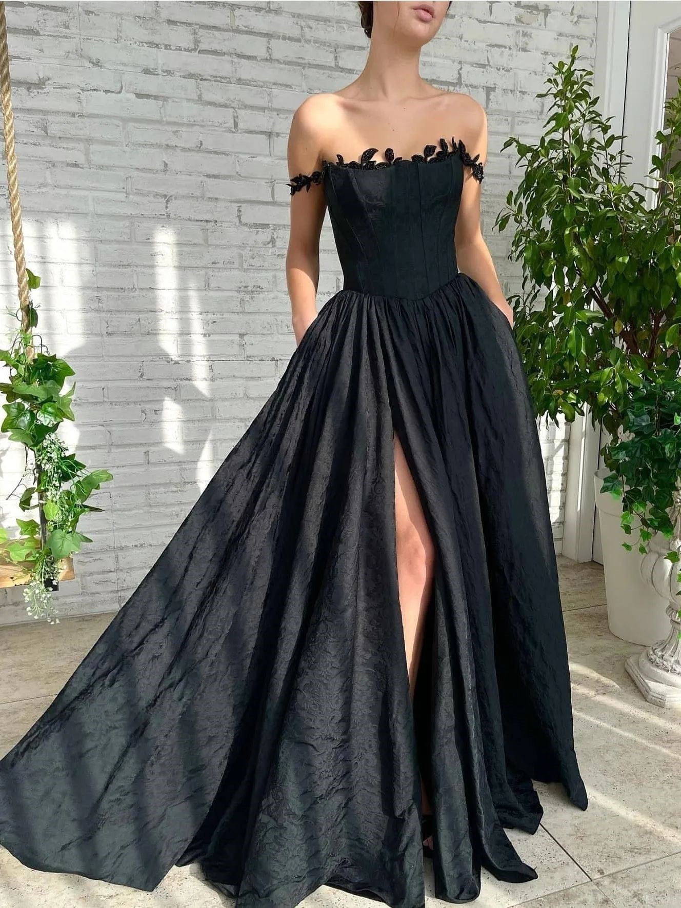 A-line Off the shoulder Black Prom Dress Beautiful Evening Gowns #POL132|Selinadress