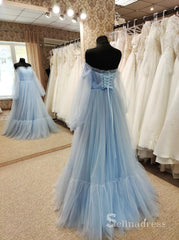 A-line Off-the-shoulder Cheap Long Prom Dresses Sky Blue Evening Gowns MHL2827|Selinadress