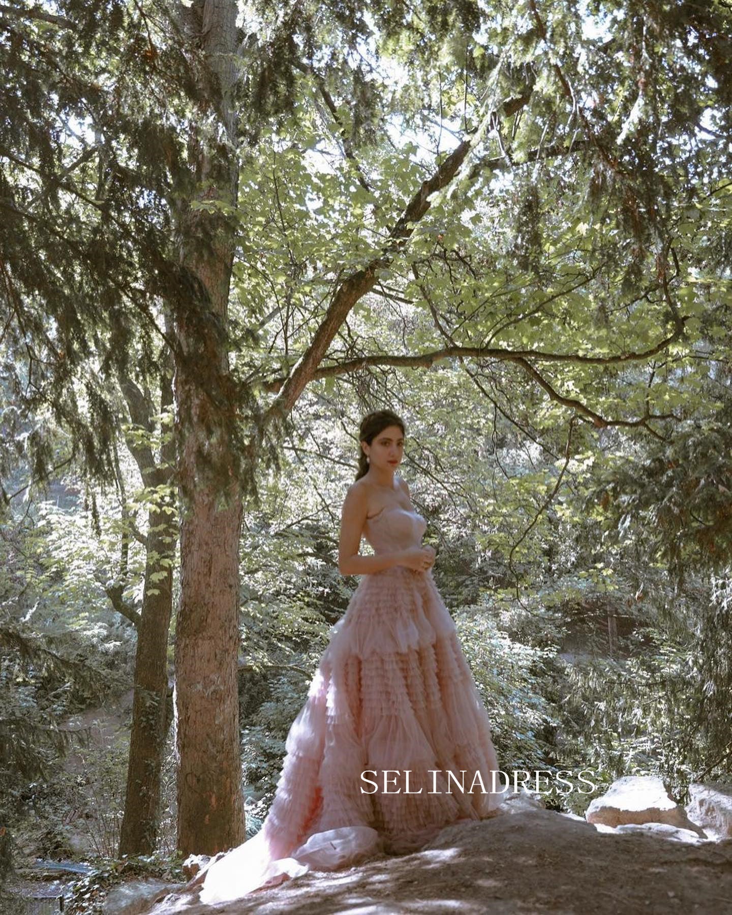 A-line Off-the-shoulder Gorgeous Frill Layered Gown Pink Evening Gowns #JKW010|Selinadress