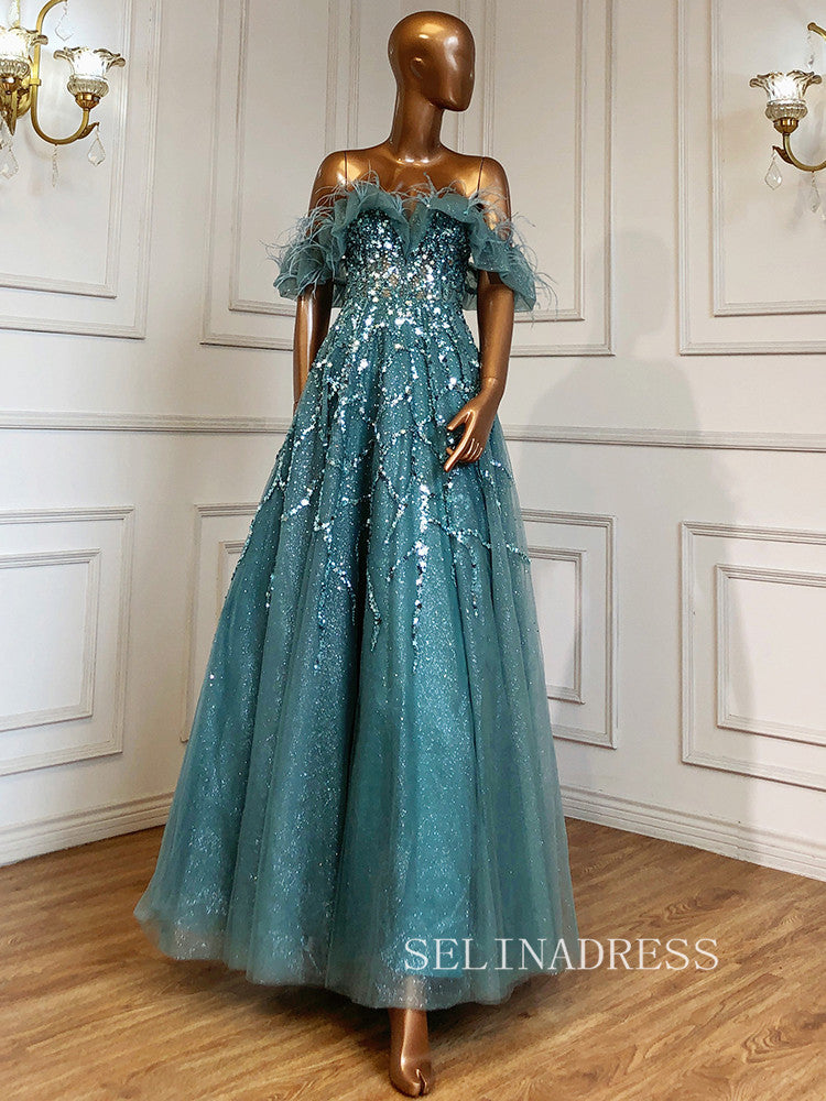 A-line Off-the-shoulder Gray Sparkly Prom Dress luxury  Evening Formal Gown hlks007|Selinadress