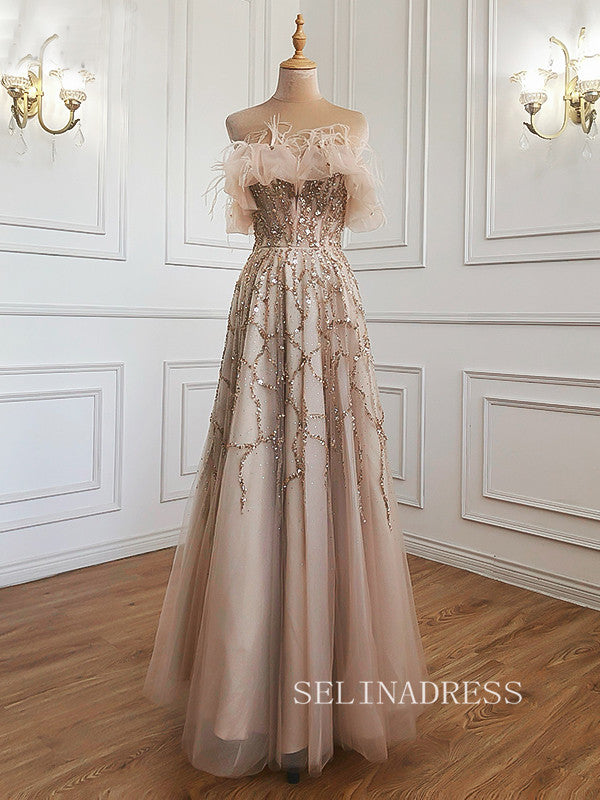 A-line Off-the-shoulder Gray Sparkly Prom Dress luxury  Evening Formal Gown hlks007|Selinadress