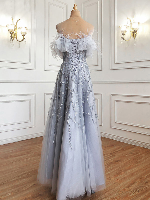 A-line Off-the-shoulder Gray Sparkly Prom Dress luxury  Evening Formal Gown hlks007|Selinadress