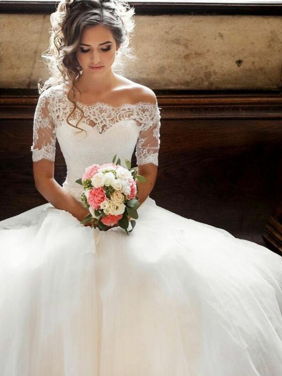 A-line Off-the-shoulder Lace Wedding Dresses White Wedding Gowns CBD483